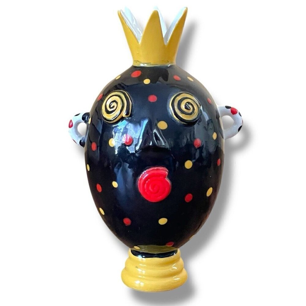 Anita Griffith Art Pottery Bud Vase Whimsical Face with Crown Polka Dot Signed